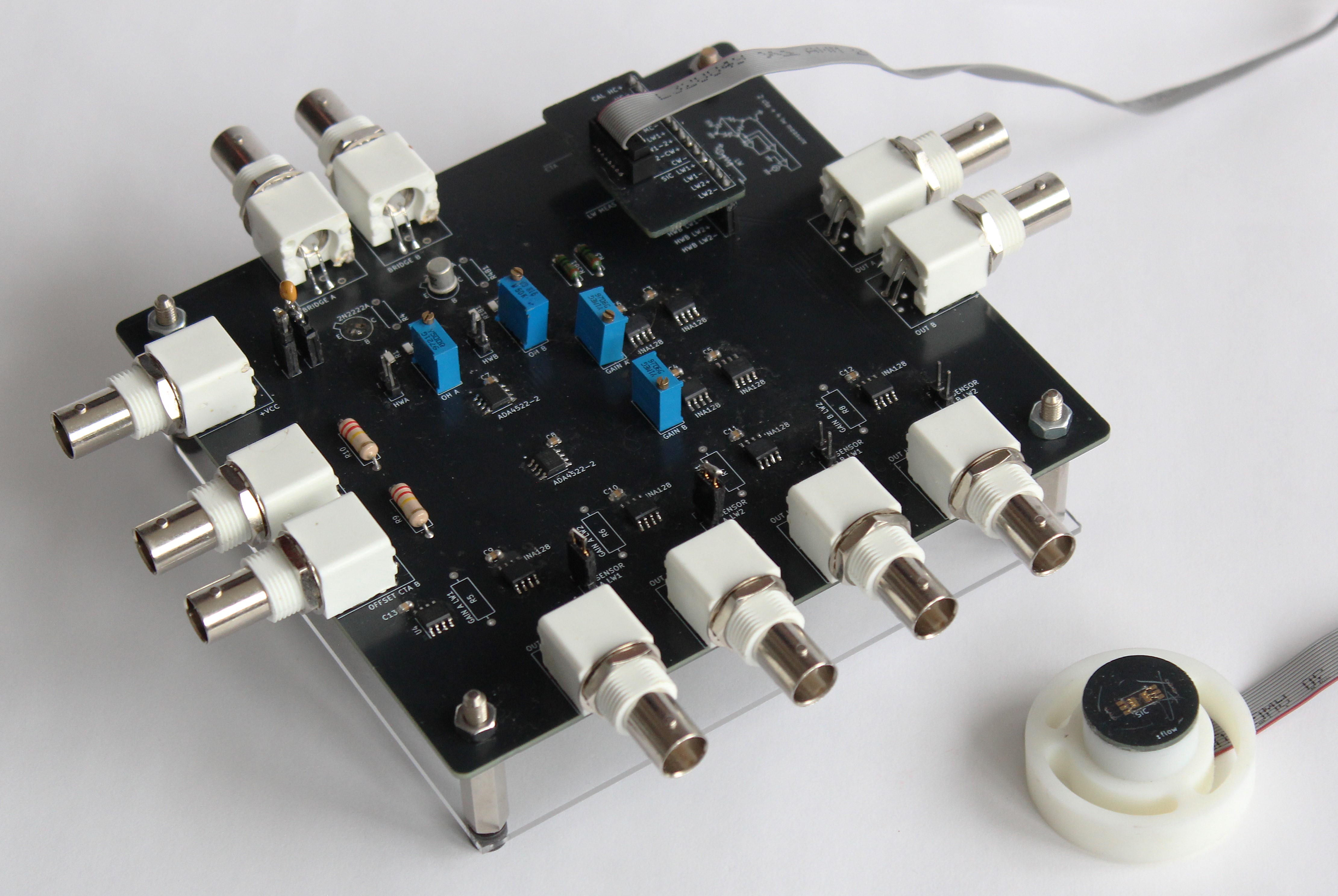 Top view of the  circuit with a sensor probe plugged in.